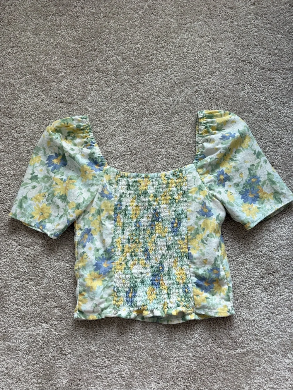 Abercrombie & Fitch Yellow and Blue Floral Square-Neck Puff Sleeve Top